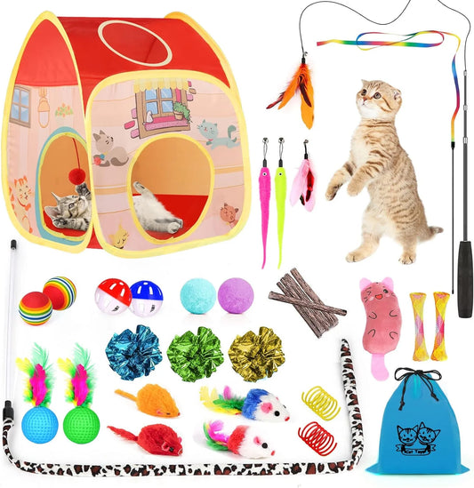 34Pcs Cat Toys Kitten Toys,Interactive Cat Toys Set with Collapsible Cat Tunnels Tent for Indoor Cats,Retractable Cat Wand Toys Catnip Toys Cat Feather Teaser Fluffy Mouse Crinkle Balls for Cat,Kitty